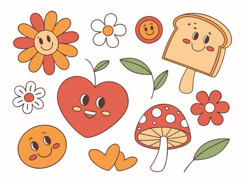 Cute cartoon groovy element vector. Collection of cartoon characters, doodle smile face, flower, apple, orange, heart, bread, mushroom. Retro groovy hippie design for decorative