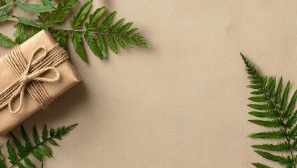 A gift box nestled amongst green fern leaves on a light beige surface