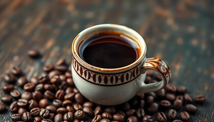 Naklejka premium Aromatic cortado coffee served in a traditional Spanish ceramic cup alongside a small pile of roasted coffee beans, cafe, texture