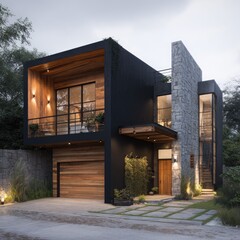 Modern, minimalist house with dark exterior, wood accents, and stone facade