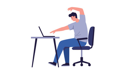 Ergonomic break reminder, man stretching at desk for wellness, office worker relaxing from screen, healthy lifestyle