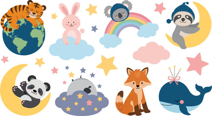 Naklejka premium Charming Whimsical Baby Animal Illustrations with Dreamy Celestial Elements for Nursery Decor