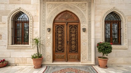 Obraz premium Ornate Turkish wooden door with copper details in carved limestone frame, handwoven rug and flower pots, photorealistic oriental architecture for stock and travel imagery