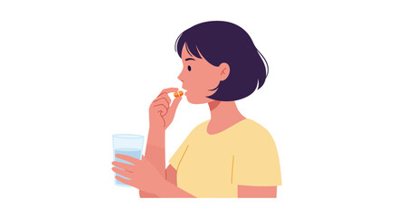 Woman taking medication for health wellness, promoting self care and feeling good, originally a vector graphic