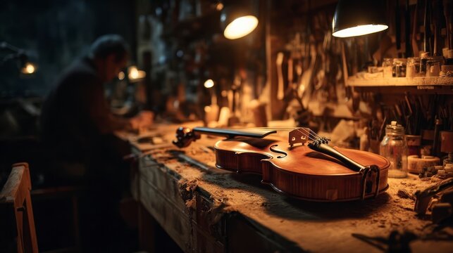 Violin on workbench in craftsman workshop