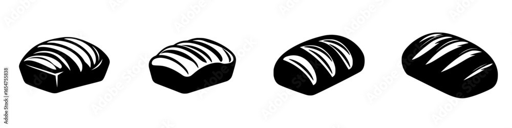 Poster four types of loaf bread displayed in a linear arrangement, showcasing variety in shape and texture