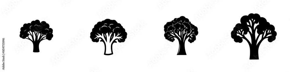 Poster various black tree designs representing different types and shapes in a minimalist style on a white 