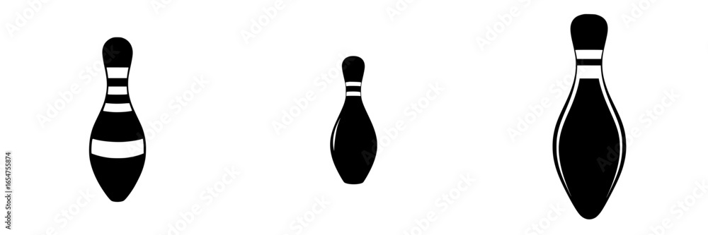 Poster bowling pins of various sizes arranged in a row on a clean white background, showcasing a minimalist