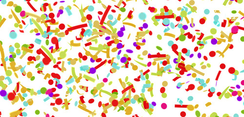 Bright festive confetti falling on white background. Ideal for party, celebration, and holiday designs.