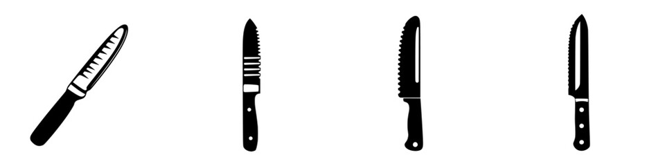 Various types of kitchen knives displayed in black silhouette on a white background