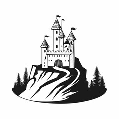 Fantasy Medieval Castle On The Cliff In The Mountains image vector isolated on white background.