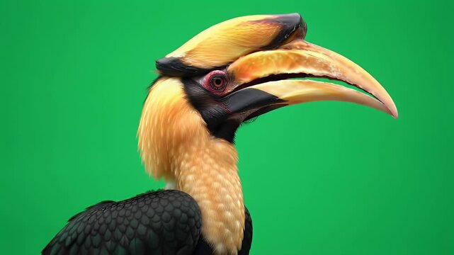 Majestic Hornbill Bird Close-up: Vibrant portrait of a tropical bird with a distinctive yellow casque against a green background.