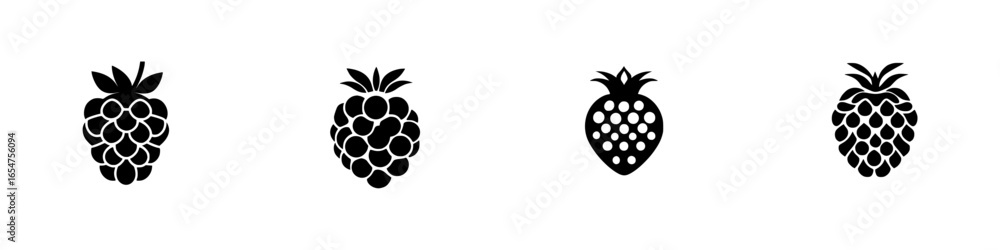 Poster collection of distinct berry illustrations showcasing various types in simplistic black design again