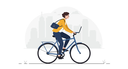 Woman commuting on bike with laptop in city, embracing modern work-life balance