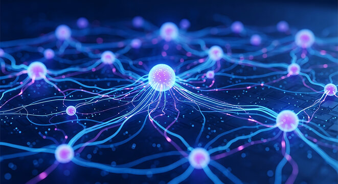 Abstract representation of a neural network or interconnected digital system with glowing nodes and lines.
