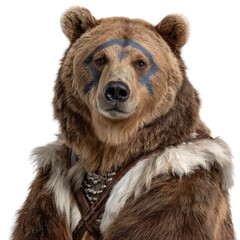 Fototapeta premium Fierce Bear Warrior in Armor with Tribal Markings Standing Proudly Against a Transparent Background