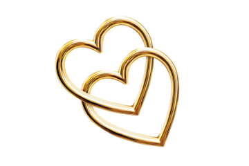 Golden Two Heart Shape Linked Rings Isolated on White and Png Transparent Background