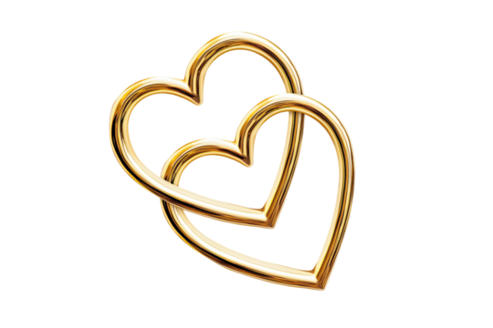 Golden Two Heart Shape Linked Rings Isolated on White and Png Transparent Background
