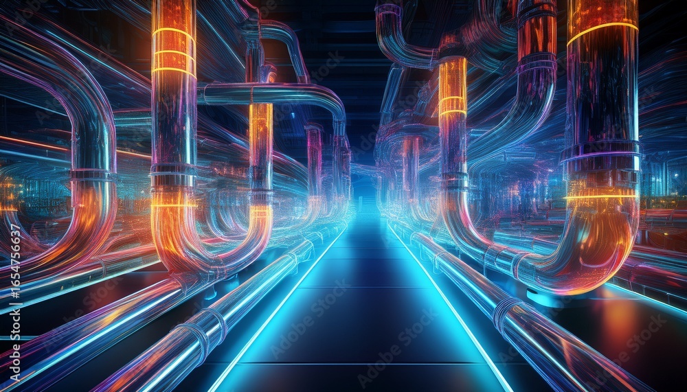 Aufkleber abstract visualization of futuristic illuminated pipelines in digital wireframe style