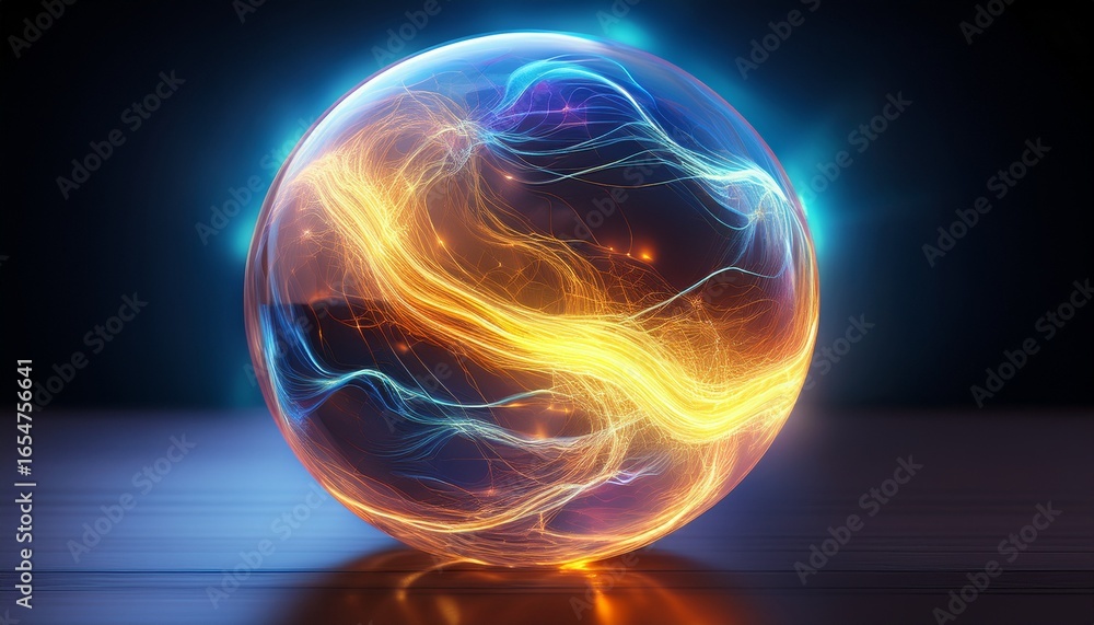 Poster a glowing plasma globe representing the concept of energy in motion with swirling currents of light 