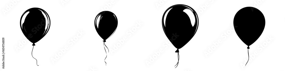Poster black balloons in varying sizes floating against a white background create an eye-catching display f