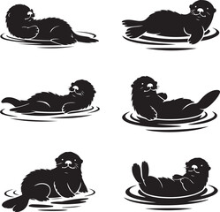 Six Black Silhouette Illustrations of Otters Floating in Water sea otter river otter