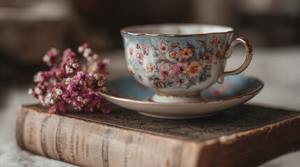 Vintage teacup and saucer on old books