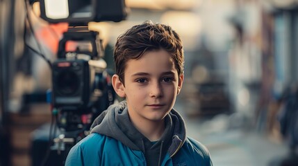 Young boy with a serious expression stands in front of a film camera