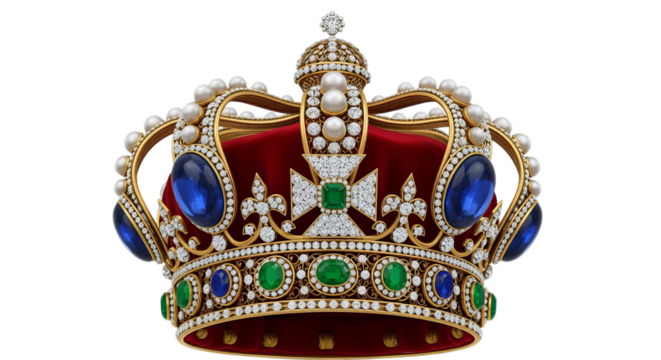Ornate Golden Crown with Red Velvet and Jewels on Transparent Background