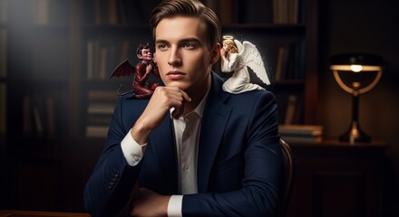 Pensive Man with Devil and Angel on Shoulders in Dark Office