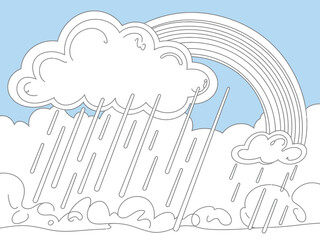 Coloring Page of a Rainy Day with Rainbow Clouds and Rain Illustration for Kids Activity Book