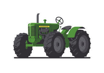 A green tractor with large black tires and a black steering wheel
