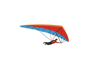 A person in a hang glider with an orange red and blue wing soars through the air