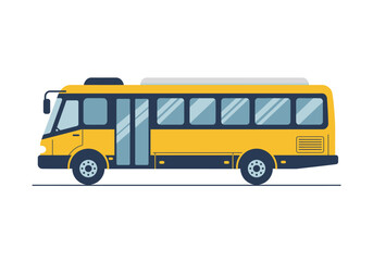 A yellow bus with a dark blue frame several windows and dark blue wheels sits on a horizontal line
