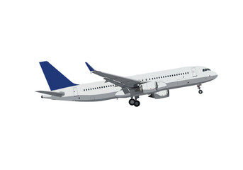 Depicts a white passenger plane midflight with blue tail and side windows