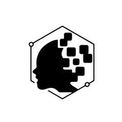 Artificial intelligence logo with human head silhouette and pixel effect, symbolizing digital innovation, machine learning, and futuristic technology. Ideal for AI, IT, and tech startups.
