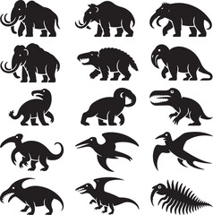 Naklejka premium Collection of prehistoric animals and dinosaurs silhouettes on white background mammoth elephant