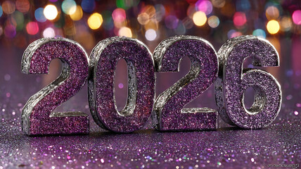 Sparkling dark glitter 2026 digits on purple shimmer background with light bokeh decoration