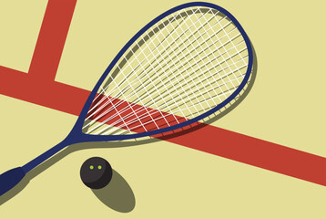 Squash game racket and ball lies on squash court, view from above, sport poster, vector