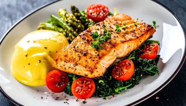 Grilled salmon fillet served with vibrant green vegetables, a rich yellow sauce, and cherry tomatoes, creating a delicious and healthy meal.