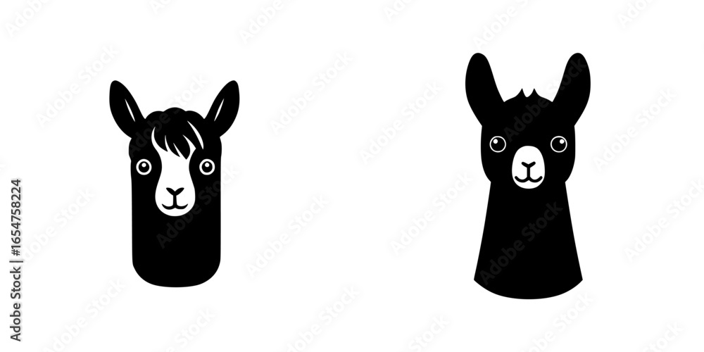 Poster two stylized black llamas with distinct facial features displayed in a minimalist design