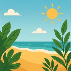 Obraz premium Flat vector of a sunny tropical beach with blue sea, golden sand and green leaves. Clean summer background for travel, kids content and promo designs.
