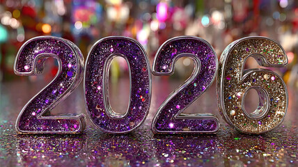 Vibrant bokeh glitter 2026 numbers in pink and purple tones on sparkling party floor background