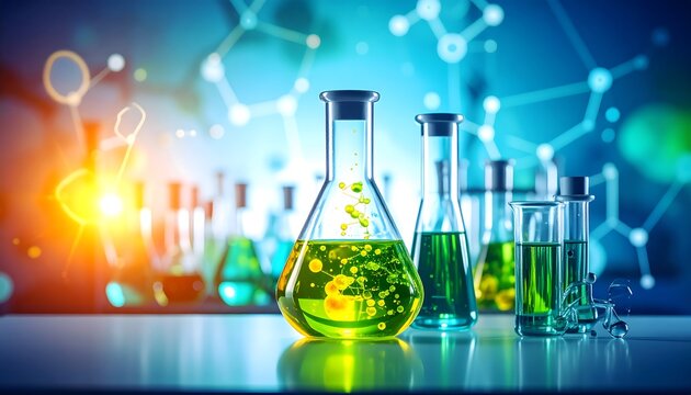 Laboratory glassware with colorful liquids