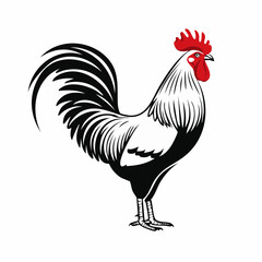 Black and white Rooster Standing Image Vector Illustration isolated on white background.