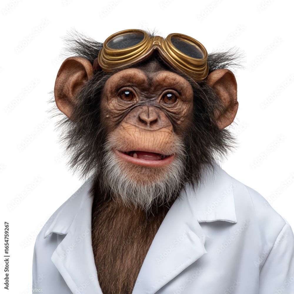 Poster charming monkey scientist wearing goggles in a lab coat with a friendly expression for fun illustrat