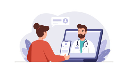 Virtual doctor visit with caring bearded physician offering telehealth consultation online now on laptop