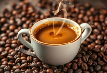 Warm decaf coffee steaming in a cup, heart-shaped steam, coffee beans,  aroma,  warmth