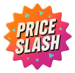 Fototapeta premium Vibrant starburst sticker with PRICE SLASH text in bold lettering, compelling retail discount promo on transparent background.