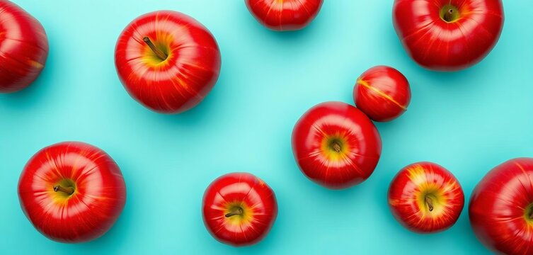 Vibrant red apples arranged in a repeating pattern against a cyan background, fruit, wallpaper